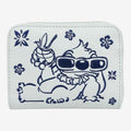 Once Upon Magic white faux leather wallet with blue Stitch embroidery, sunglasses, lei, and tropical flowers.