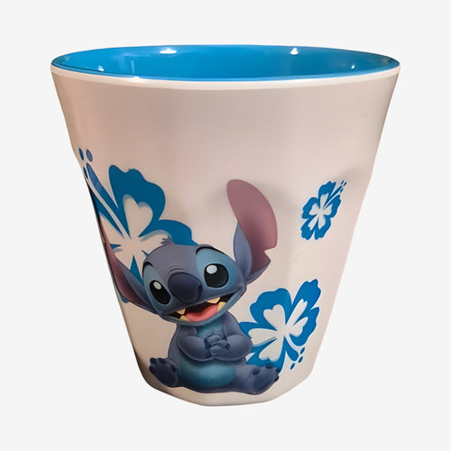Once Upon Magic white plastic cup with blue Stitch character and floral design, shock resistant for children.