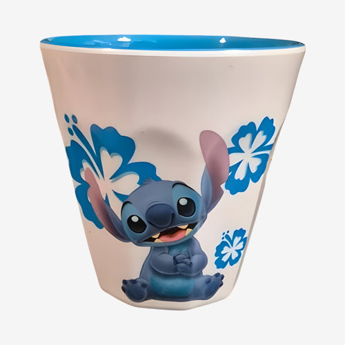 Once Upon Magic white plastic cup with blue trim, featuring Stitch character and blue hibiscus flowers. Shock resistant.