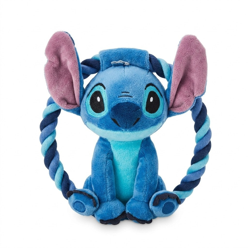 Once Upon Magic Stitch plush dog toy with blue fur, large ears, and a multi-colored rope loop for interactive play.