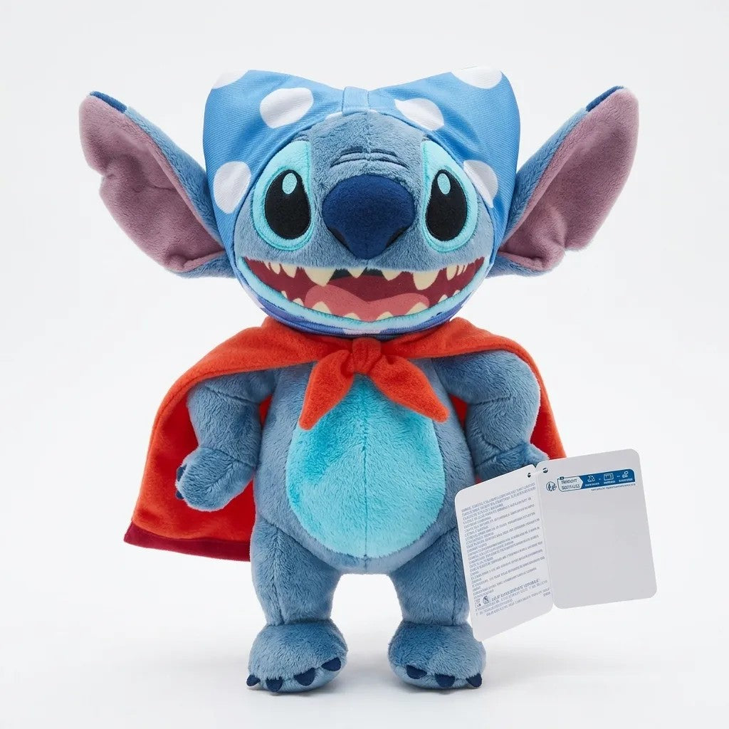 Once Upon Magic blue Stitch plush toy with red cape and blue polka dot bow, soft and huggable.