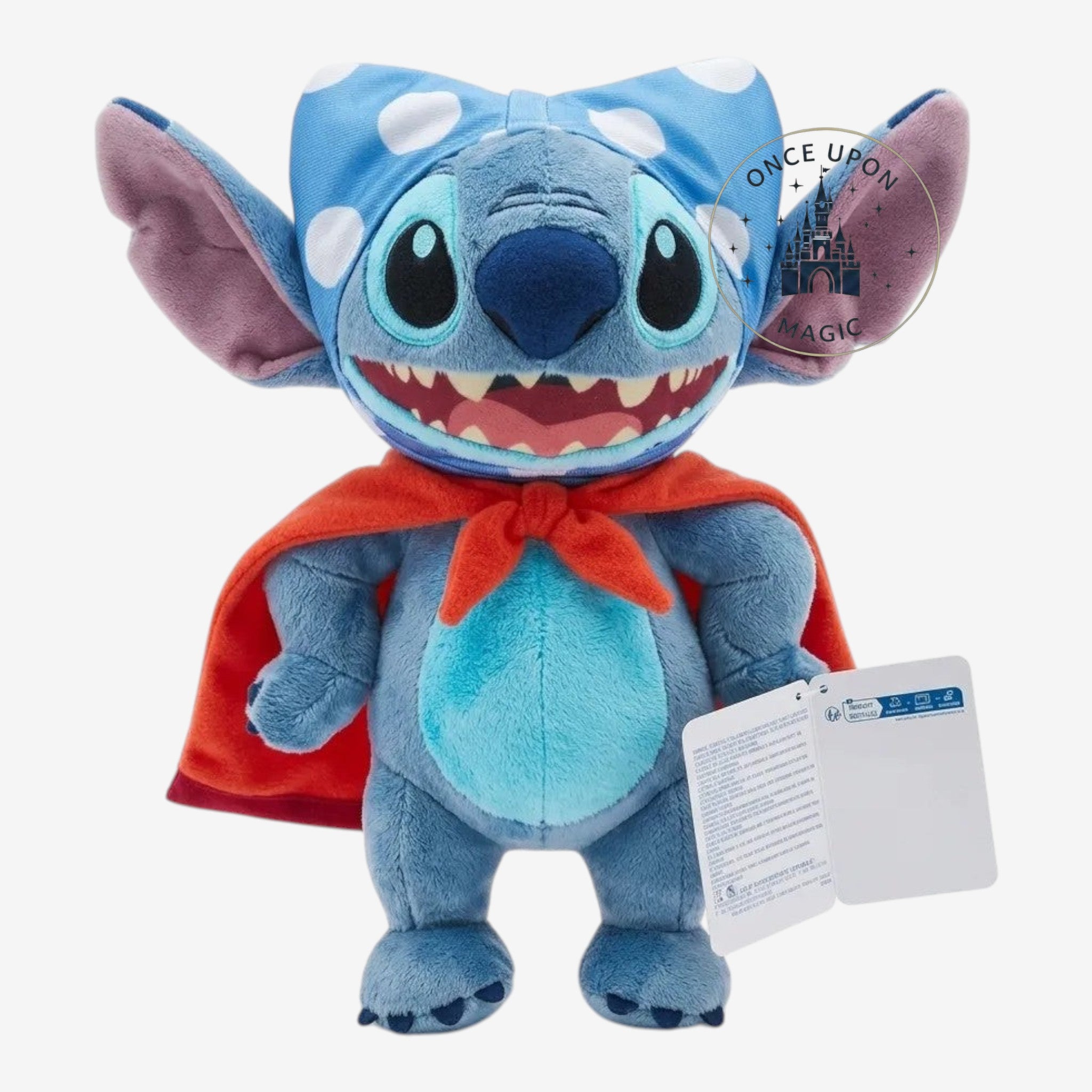 Once Upon Magic blue Stitch plush toy with red cape and blue polka dot bow, soft and huggable.