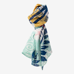 Once Upon Magic Street Stitch scarf with turquoise, navy, mustard yellow, and coral graphic pattern. Lightweight and fluid.