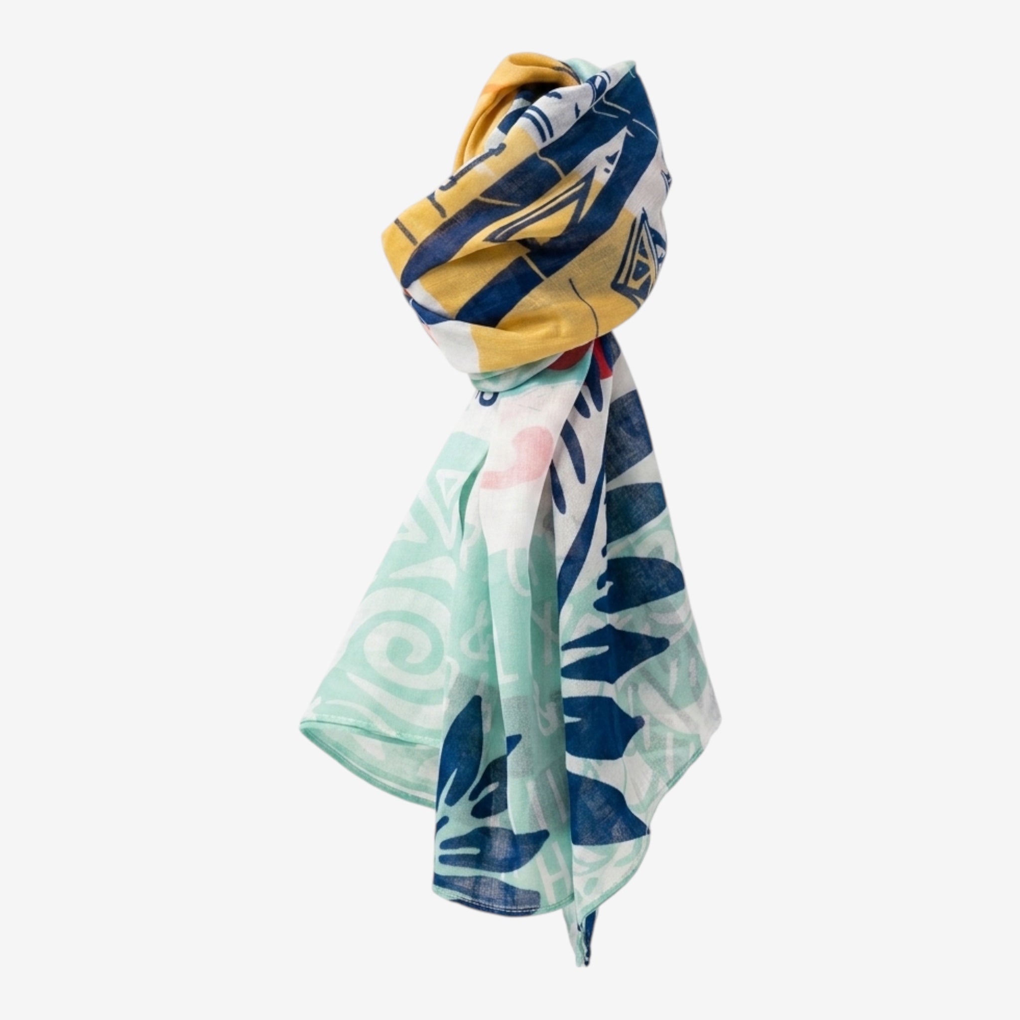 Once Upon Magic Street Stitch scarf with turquoise, navy, mustard yellow, and coral graphic pattern. Lightweight and fluid.
