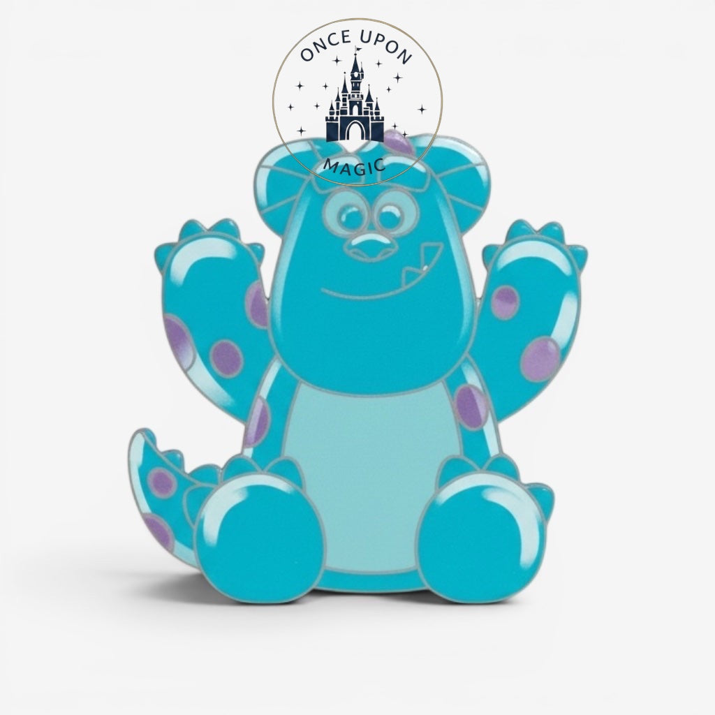 Once Upon Magic blue translucent Sulli gummy pin from Monsters Inc. with purple spots, sitting pose.