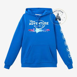 Sweat à capuche bleu vif Once Upon Magic avec motif Adventure World et logo Disneyland Paris, poche kangourou.