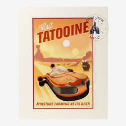 Once Upon Magic vintage-style Tatooine travel poster featuring a landspeeder, twin suns, and moisture farming. Desert landscape.