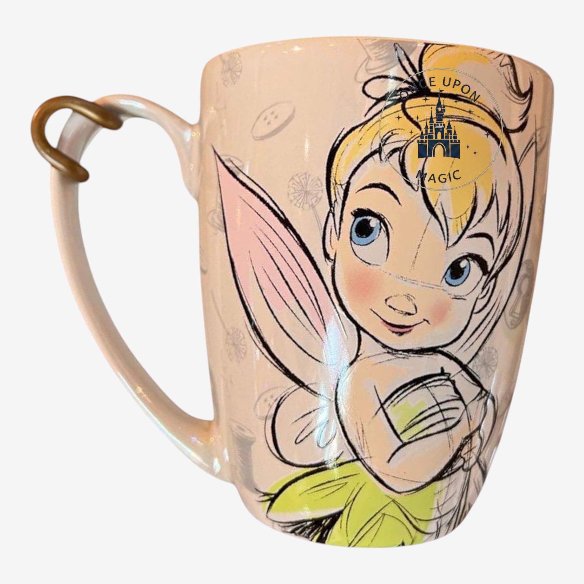 Once Upon Magic Tinker Bell mug with a pastel pink iridescent finish and a sketch-style illustration of the fairy.