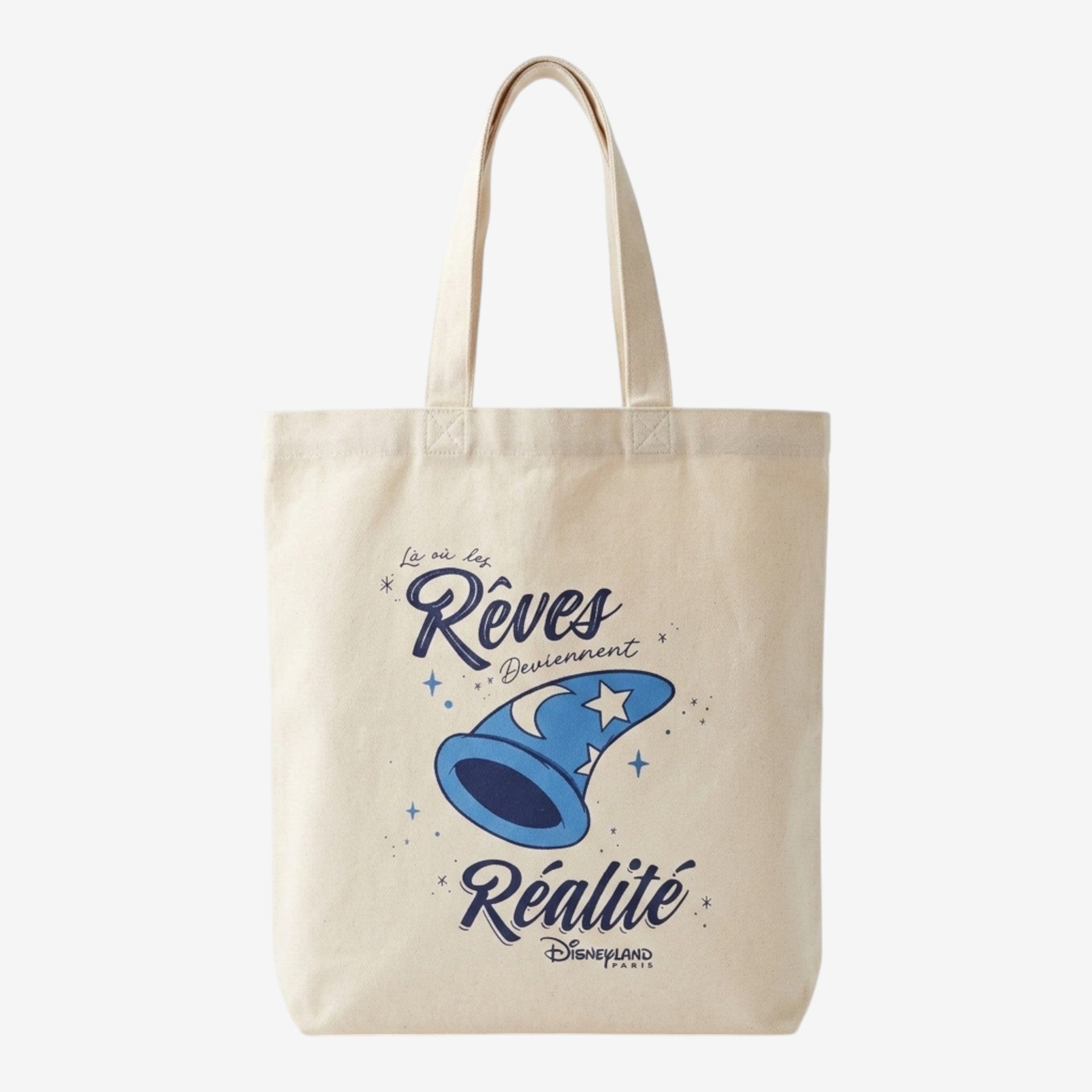 Tote bag en coton écru Once Upon Magic avec un motif bleu du chapeau de Mickey et l'inscription "Là où les Rêves deviennent Réalité" de Disneyland Paris.
