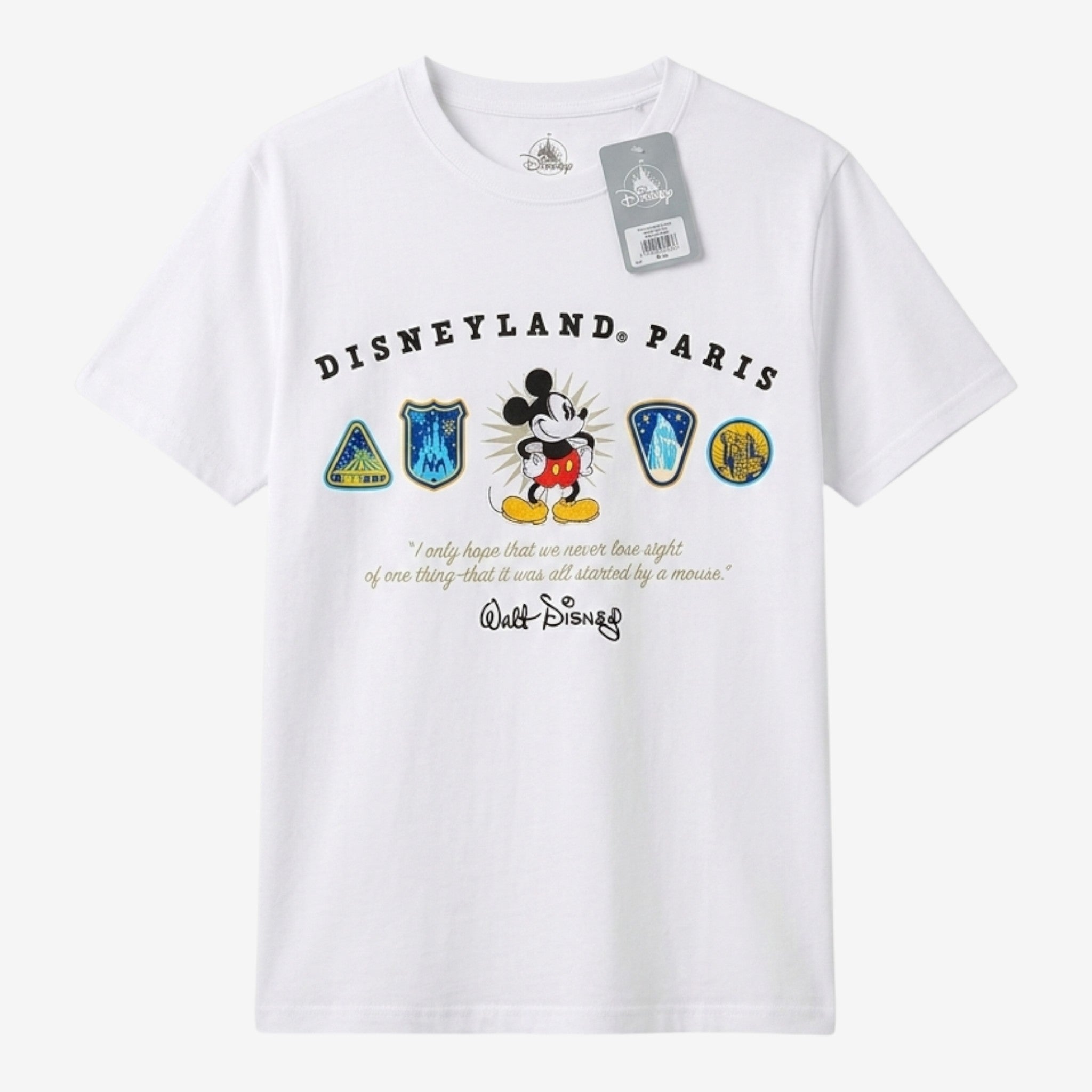 T-shirt blanc en coton Once Upon Magic avec Mickey Mouse et "Disneyland Paris" imprimés, citation de Walt Disney.