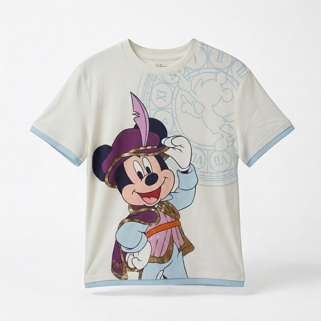 T-shirt enfant blanc cassé Once Upon Magic avec Mickey en tenue royale violette et dorée, devant une horloge stylisée. Manches courtes avec bordure bleu pâle.