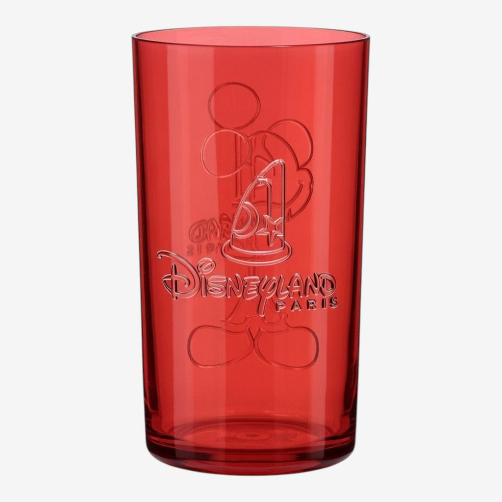 Verre en plastique rouge translucide Once Upon Magic avec Mickey Mouse en relief et logo Disneyland Paris. Idéal pour collection ou usage quotidien.