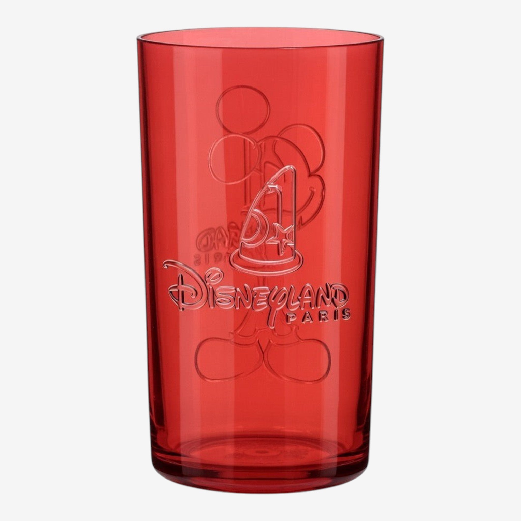 Verre en plastique rouge translucide Once Upon Magic avec Mickey Mouse en relief et logo Disneyland Paris. Idéal pour collection ou usage quotidien.