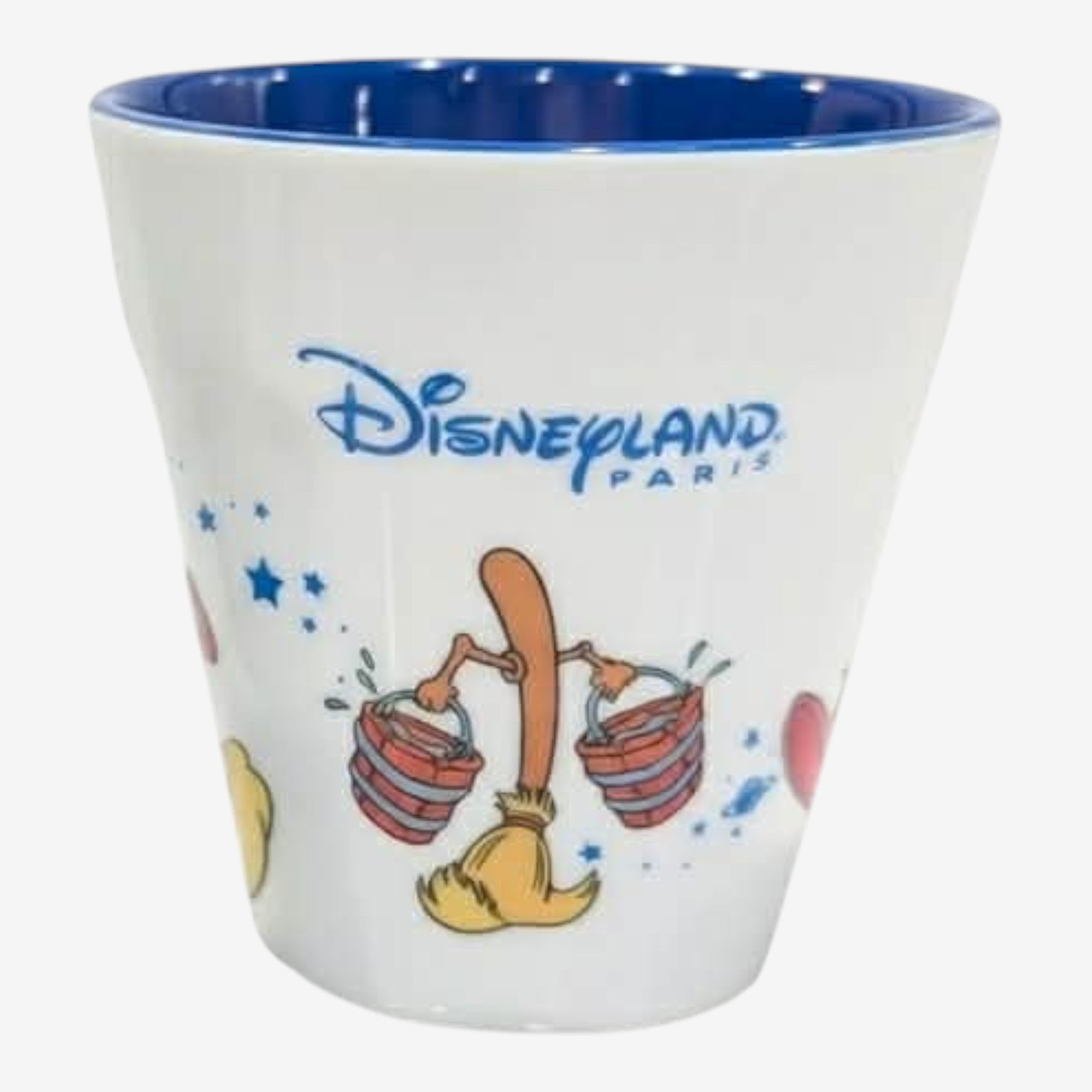 Verre en mélamine blanc avec Mickey l’Apprenti Sorcier et étoiles bleues, bordure bleue. Disneyland Paris.