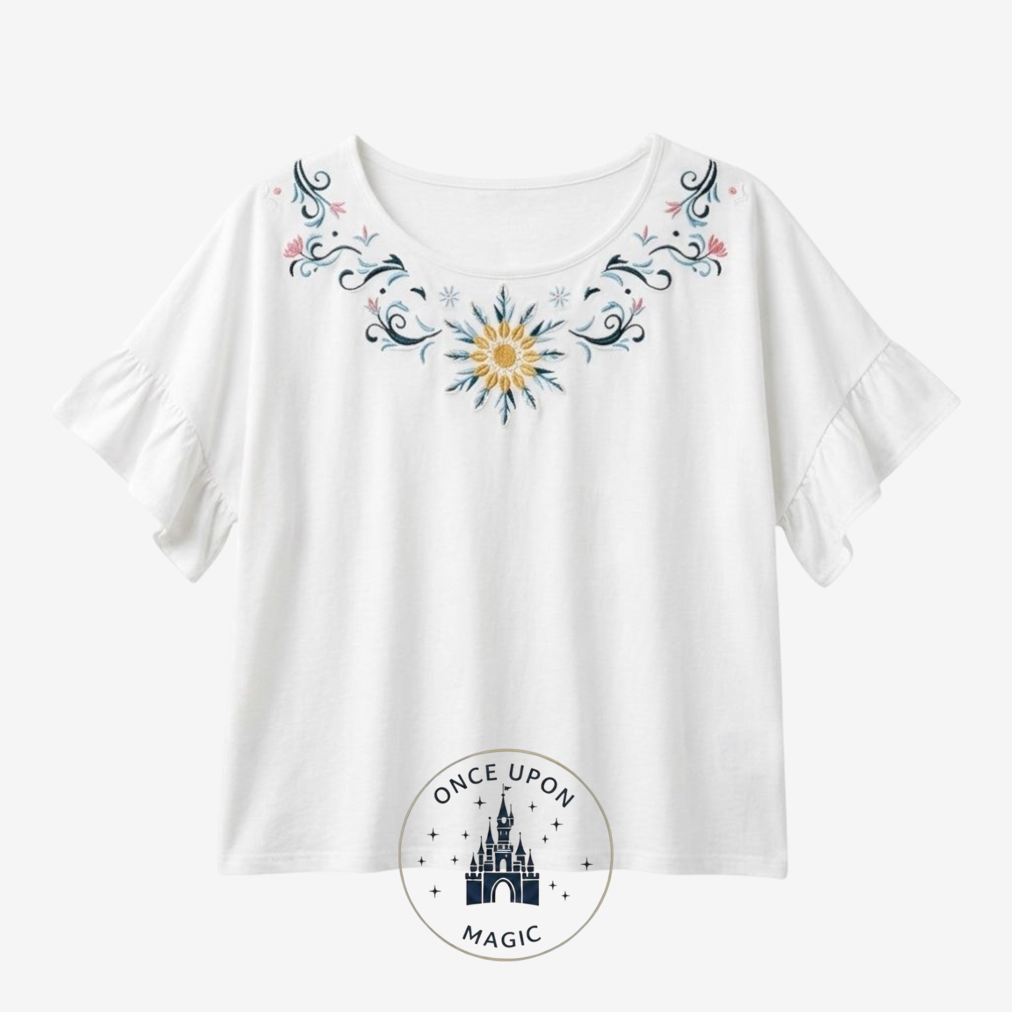 Once Upon Magic white cotton t-shirt with ruffled sleeves and embroidered floral sun design on neckline.