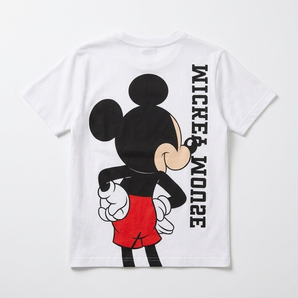 Once Upon Magic white cotton t-shirt with a graphic of Mickey Mouse in his iconic red shorts and white gloves, with vertical text.