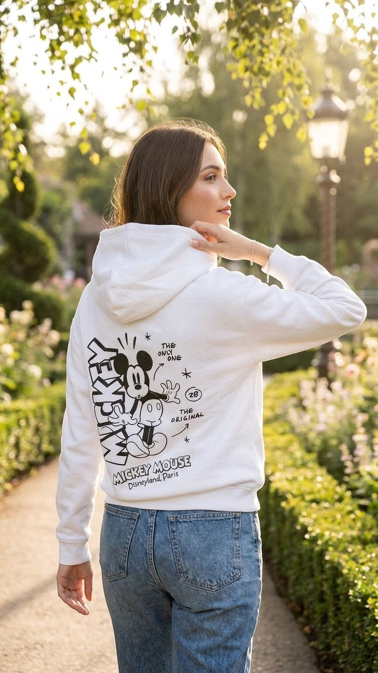 Once Upon Magic white cotton hoodie with Mickey Mouse graphic and Disneyland Paris text on back. Relaxed fit with hood.