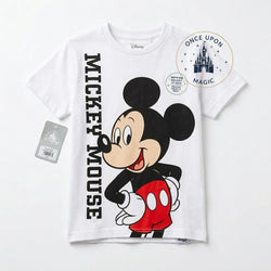 Once Upon Magic white cotton t-shirt with a large print of Mickey Mouse in his classic red shorts and white gloves. Vertical "MICKEY MOUSE" text runs down the left side.