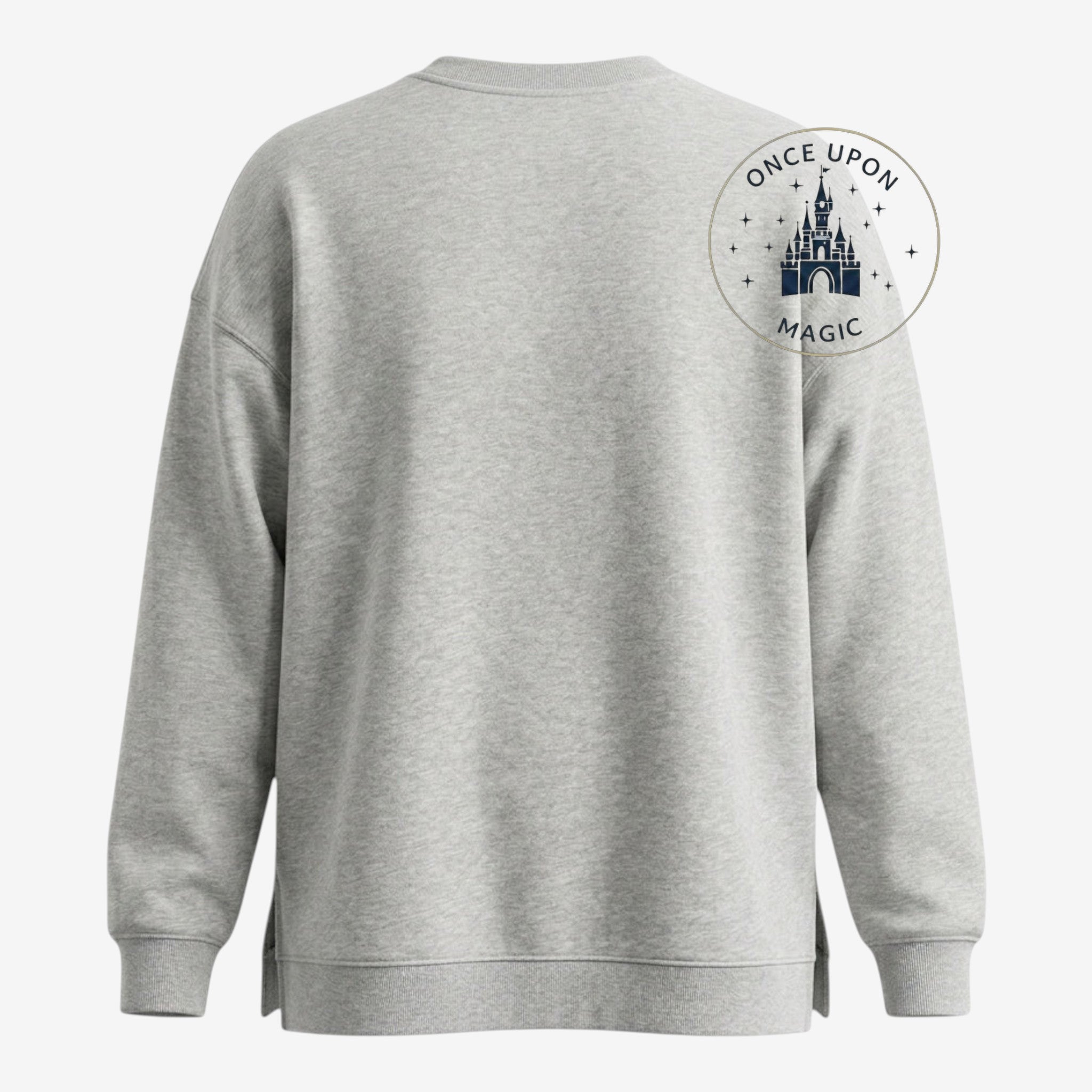 Once Upon Magic light grey crewneck sweatshirt with Winnie the Pooh and friends floral wreath graphic on front. Soft cotton blend.