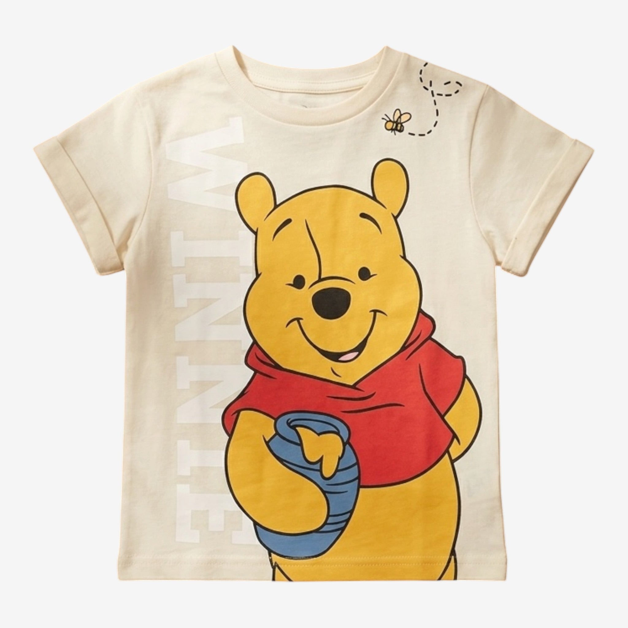 Once Upon Magic cream cotton t-shirt with Winnie the Pooh holding a honey pot and a bee graphic.
