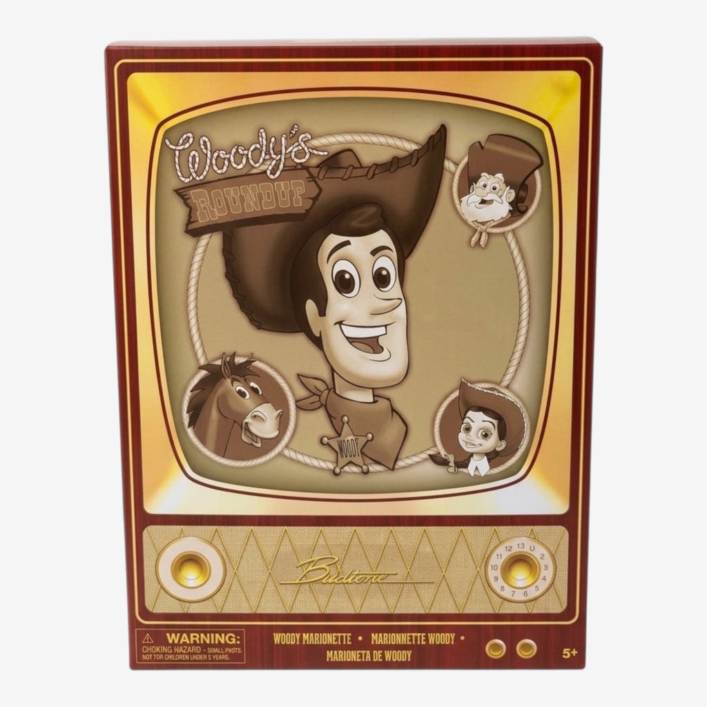 Once Upon Magic Woody Marionette from Toy Story's Woody's Roundup, featuring Woody, Bullseye, and other characters on a vintage TV screen design.