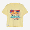 Once Upon Magic yellow 100% cotton t-shirt with a "Chill & Relax" graphic featuring Stitch dancing at sunset with palm trees and a surfboard.