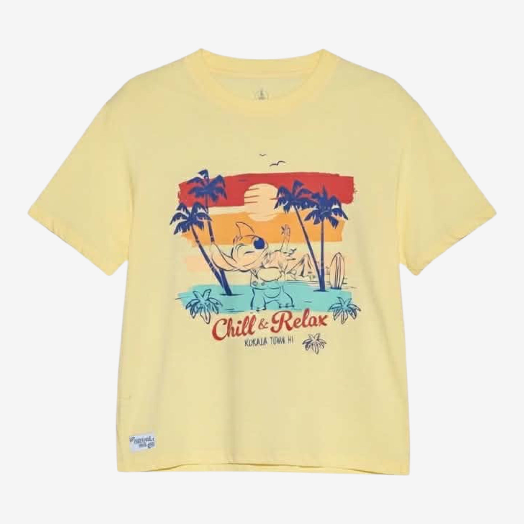 Once Upon Magic yellow 100% cotton t-shirt with a "Chill & Relax" graphic featuring Stitch dancing at sunset with palm trees and a surfboard.