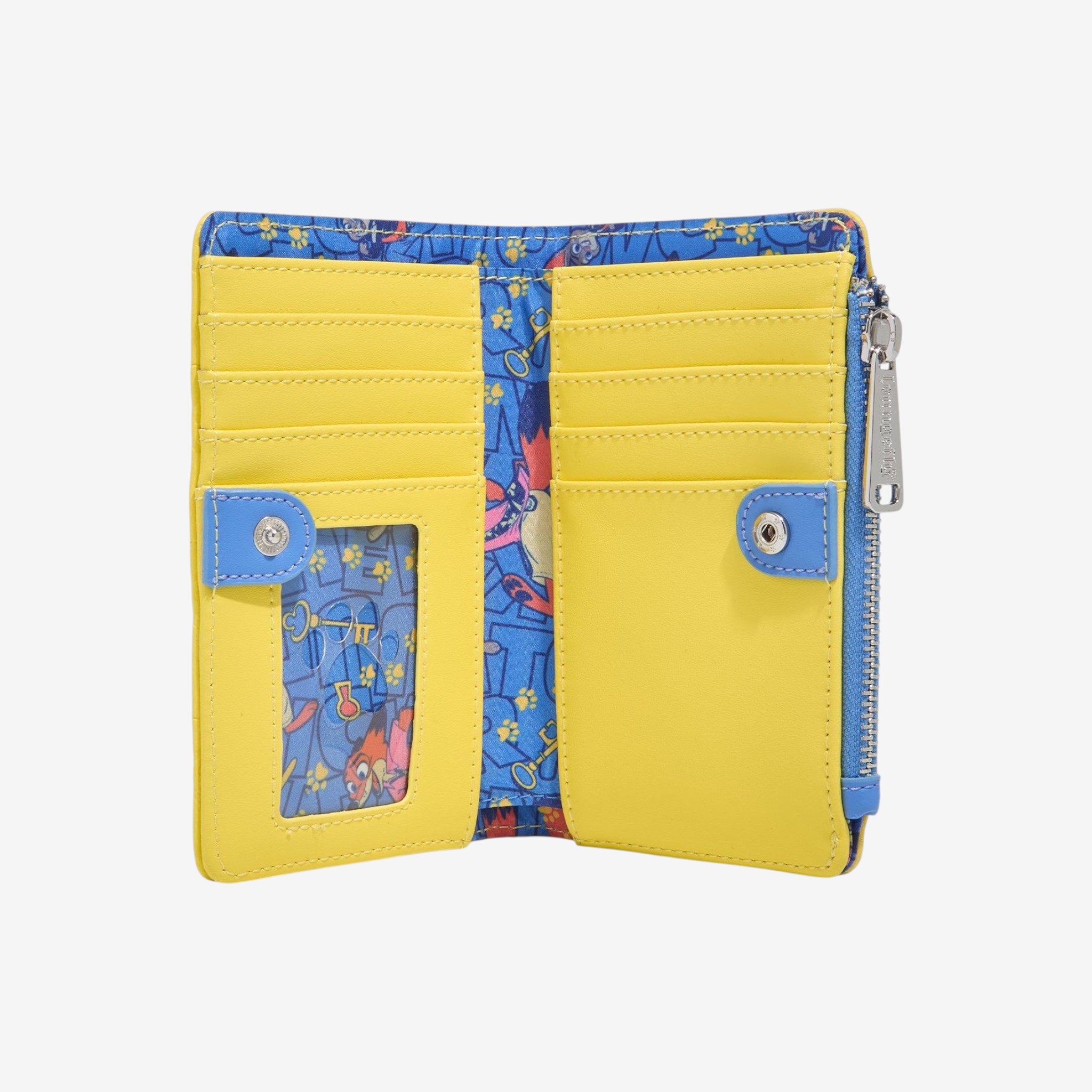 Once Upon Magic Zootopia wallet with Nick Wilde and Judy Hopps, yellow interior, blue zipper, and card slots.