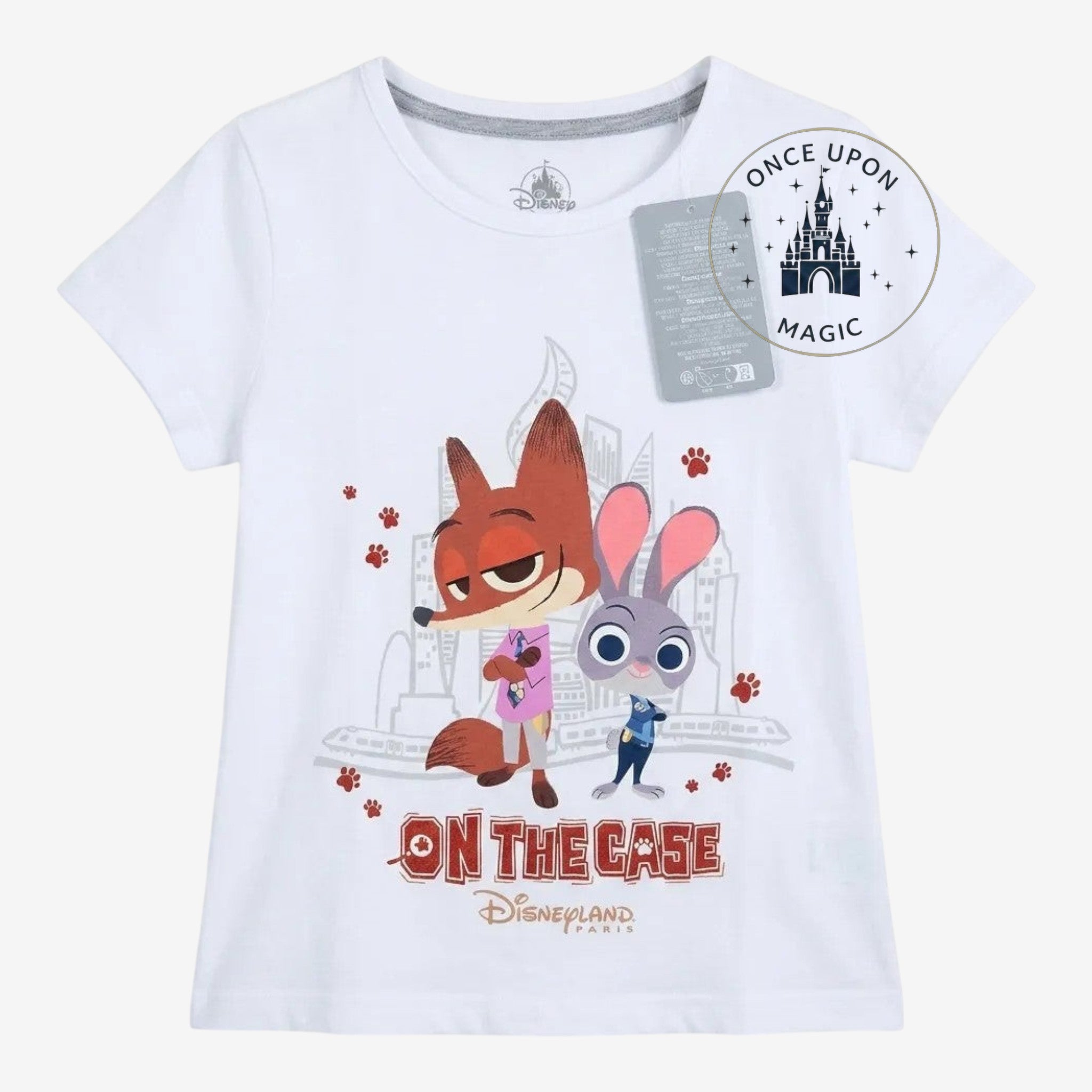 Once Upon Magic white Zootopia t-shirt with Judy Hopps and Nick Wilde graphic and "On The Case" text.