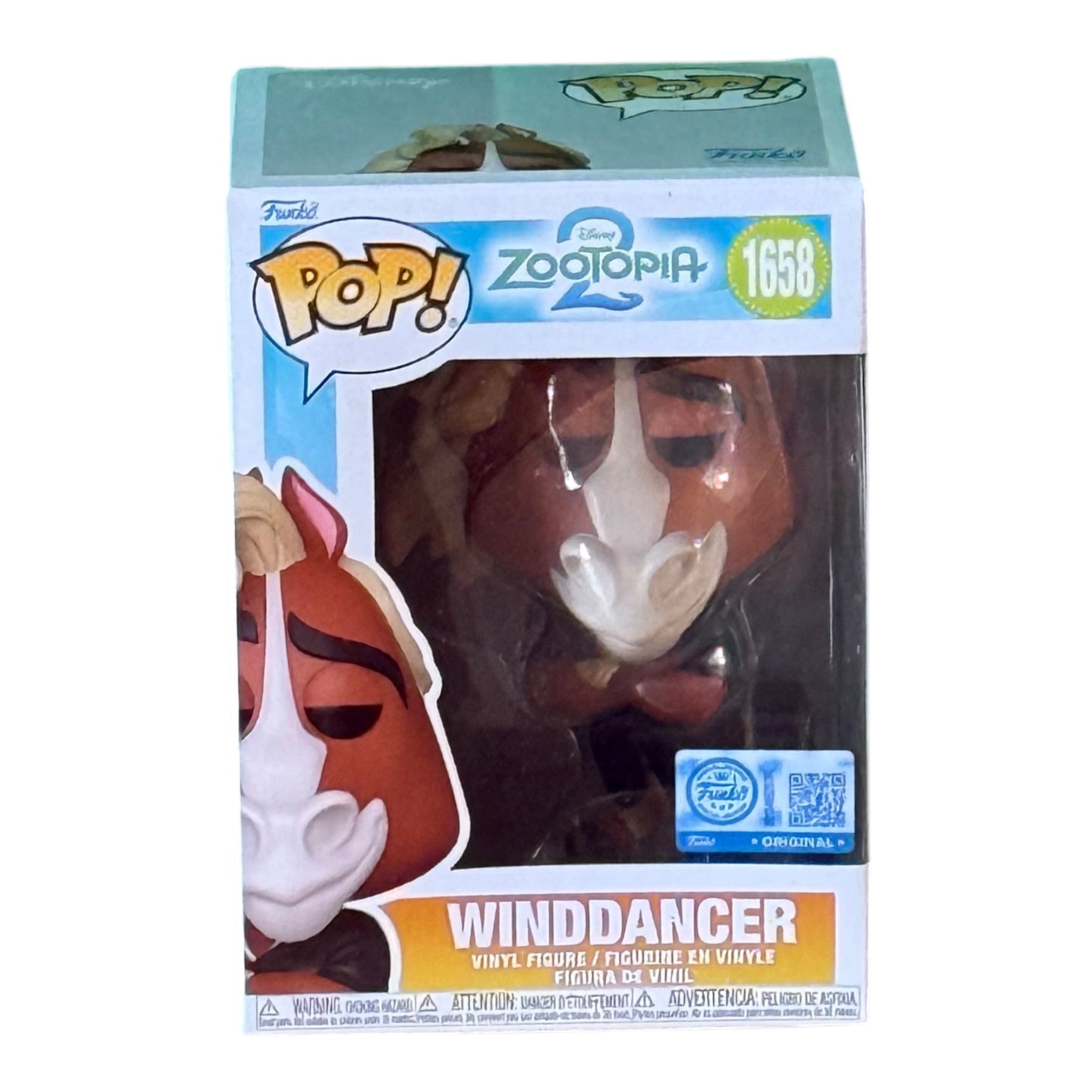 Once Upon Magic presents the Funko Pop! Zootopia 2 Winddancer vinyl figure, number 1658. This collectible features a brown horse character with a white blaze on its face and mane.