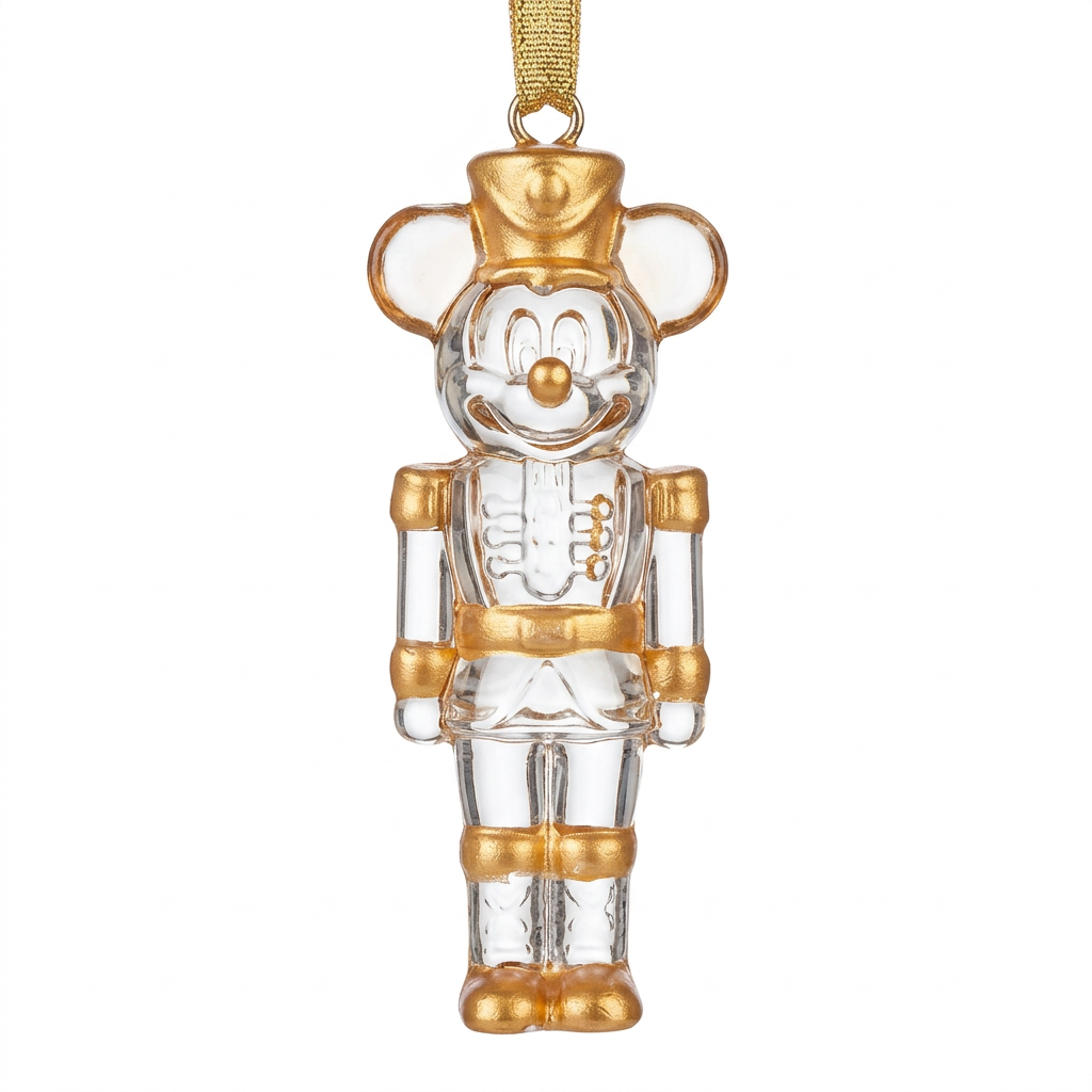 Ornement Arribas Mickey casse-noisette en verre transparent et doré sur fond blanc