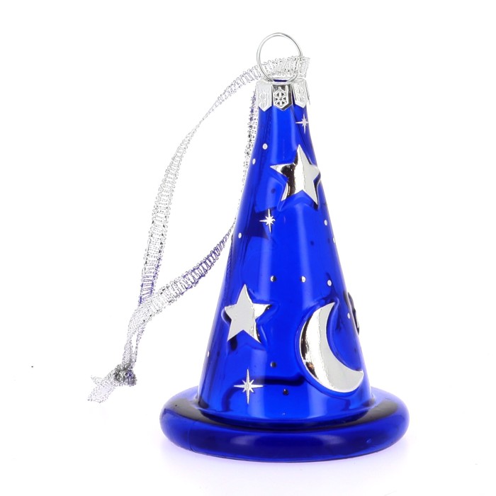 Arribas blue sorcerer's hat ornament, three-quarter view, silver-coloured stars and crescent