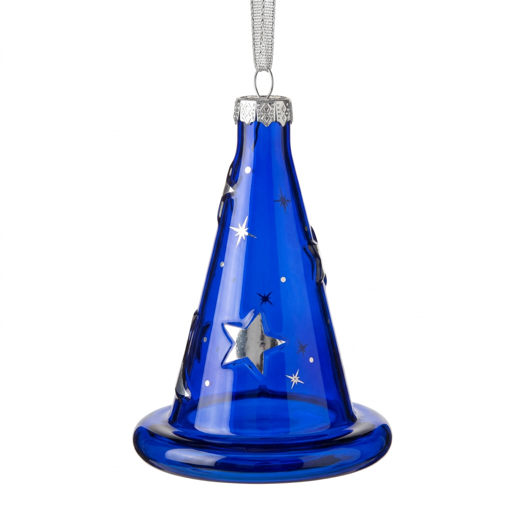 Arribas blue sorcerer's hat ornament with silver-coloured stars, hanging from its ribbon