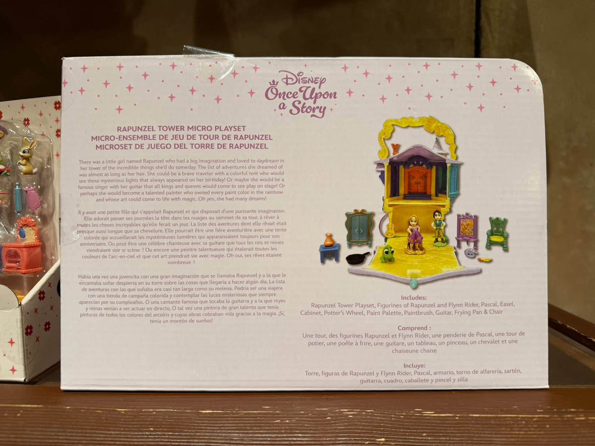 Micro-playset Tour de Raiponce Disney Once Upon a Story – dos du coffret et liste du contenu – photo En flânant à DLP
