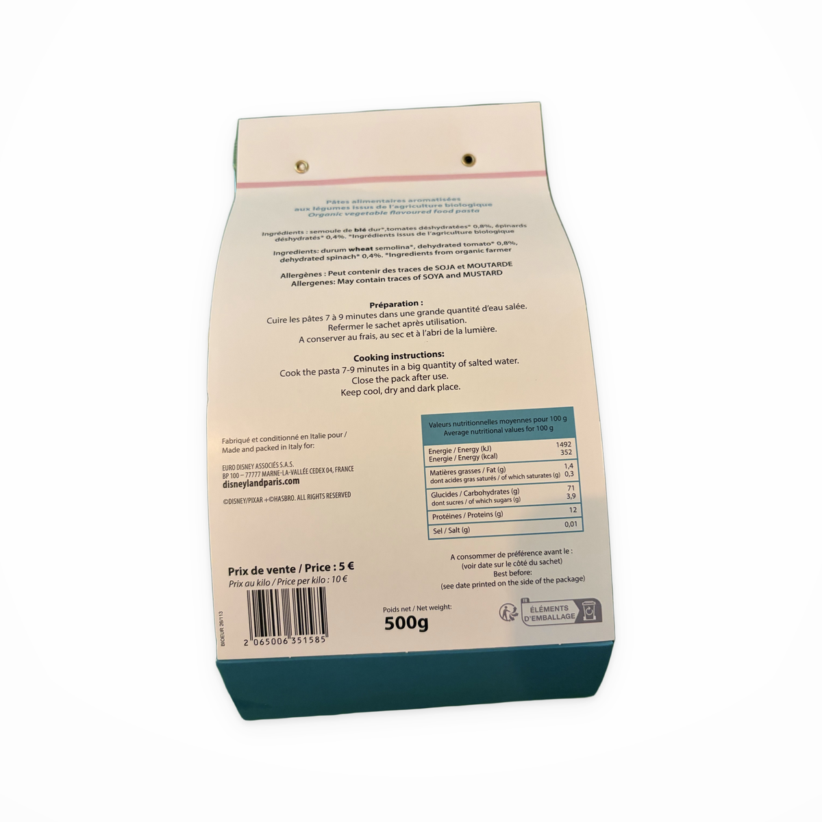Pâtes tricolores bio Stitch 500 g Disneyland Paris – dos du sachet
