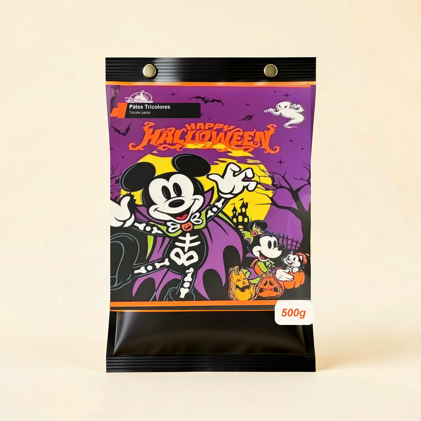 Pâtes tricolores Mickey Halloween 500 g – photo studio