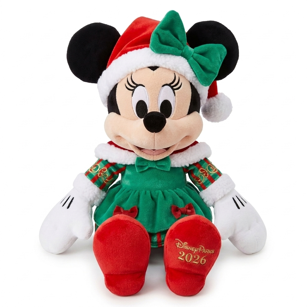 Peluche de Noël Minnie Mouse Disney Parks 2026 – Disneyland Paris, photo studio de face