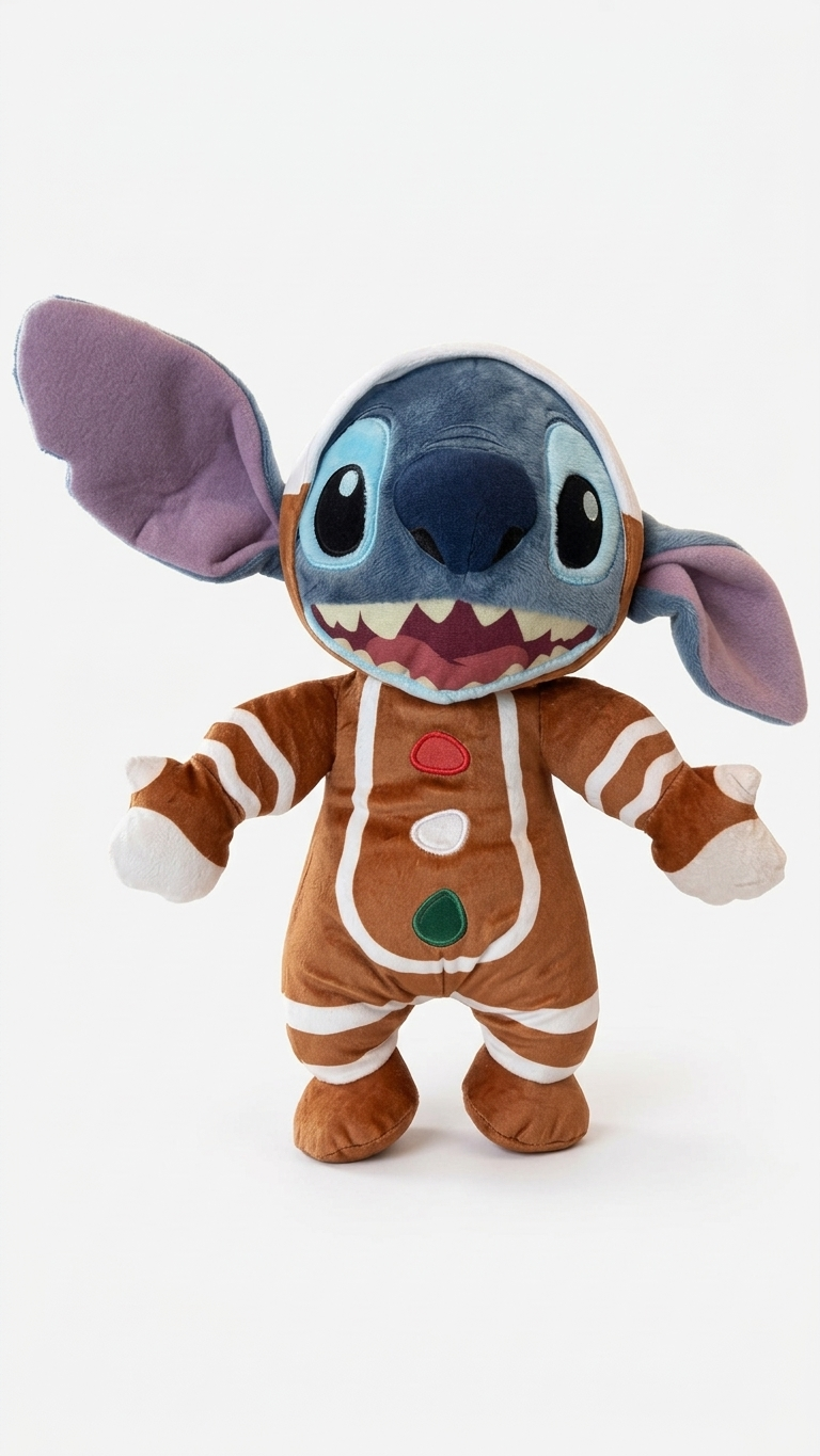 Peluche Stitch de Noël Disneyland Paris en costume pain d’épices brun, détails blancs et boutons rouge, blanc et vert.