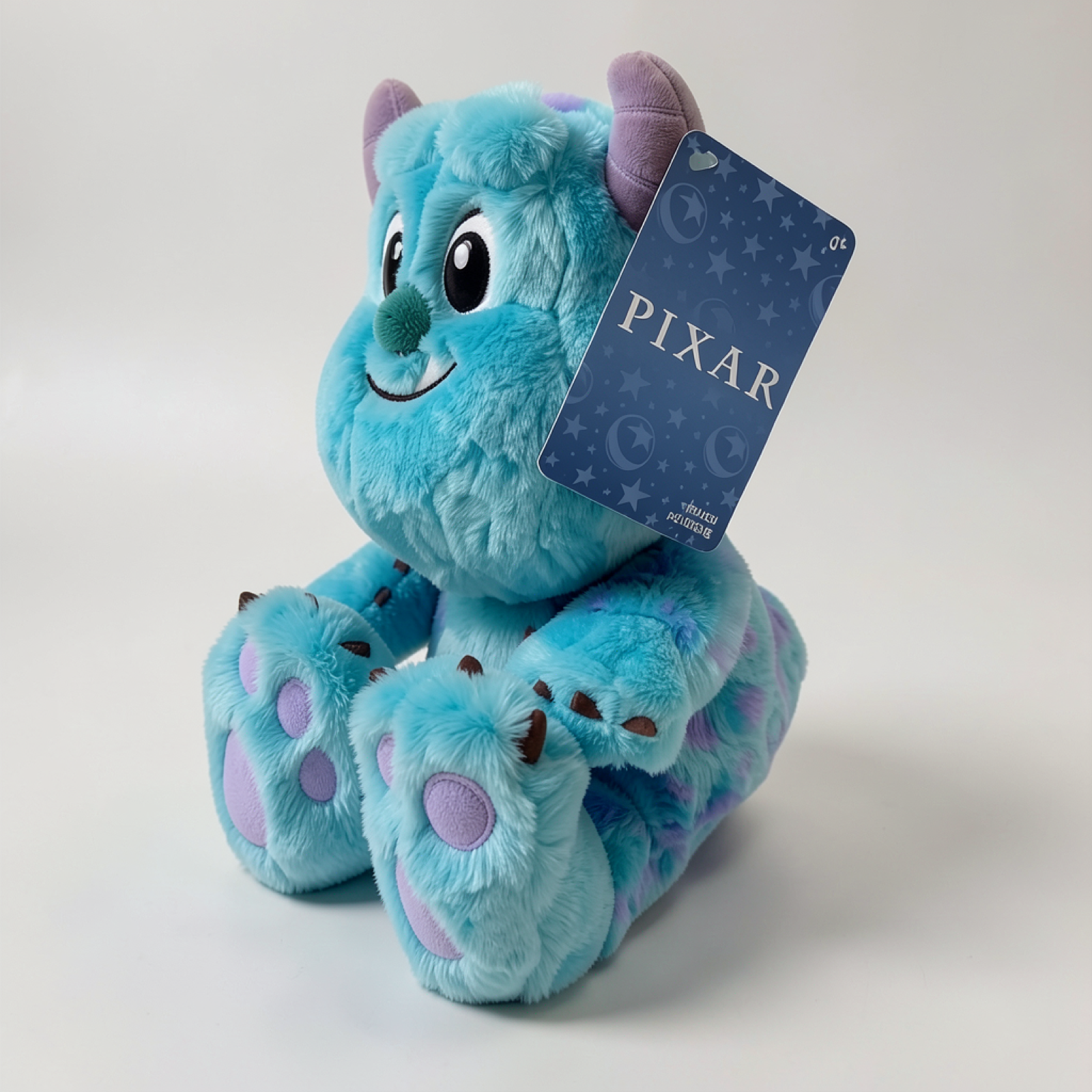Peluche Sulli Big Feet vue trois-quarts avec étiquette Pixar – Disneyland Paris
