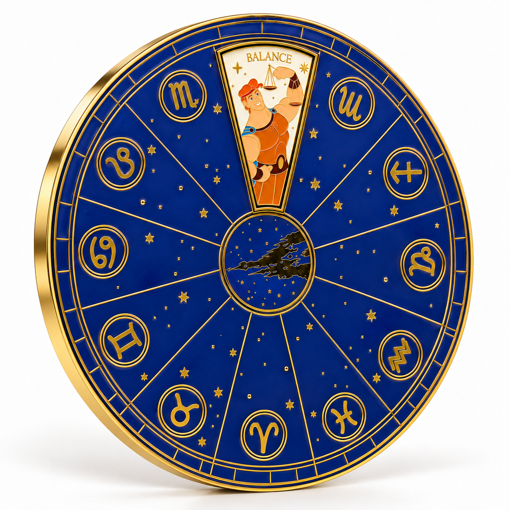 Vue en perspective du pin Hercule Balance et de sa roue astrologique – Disneyland Paris