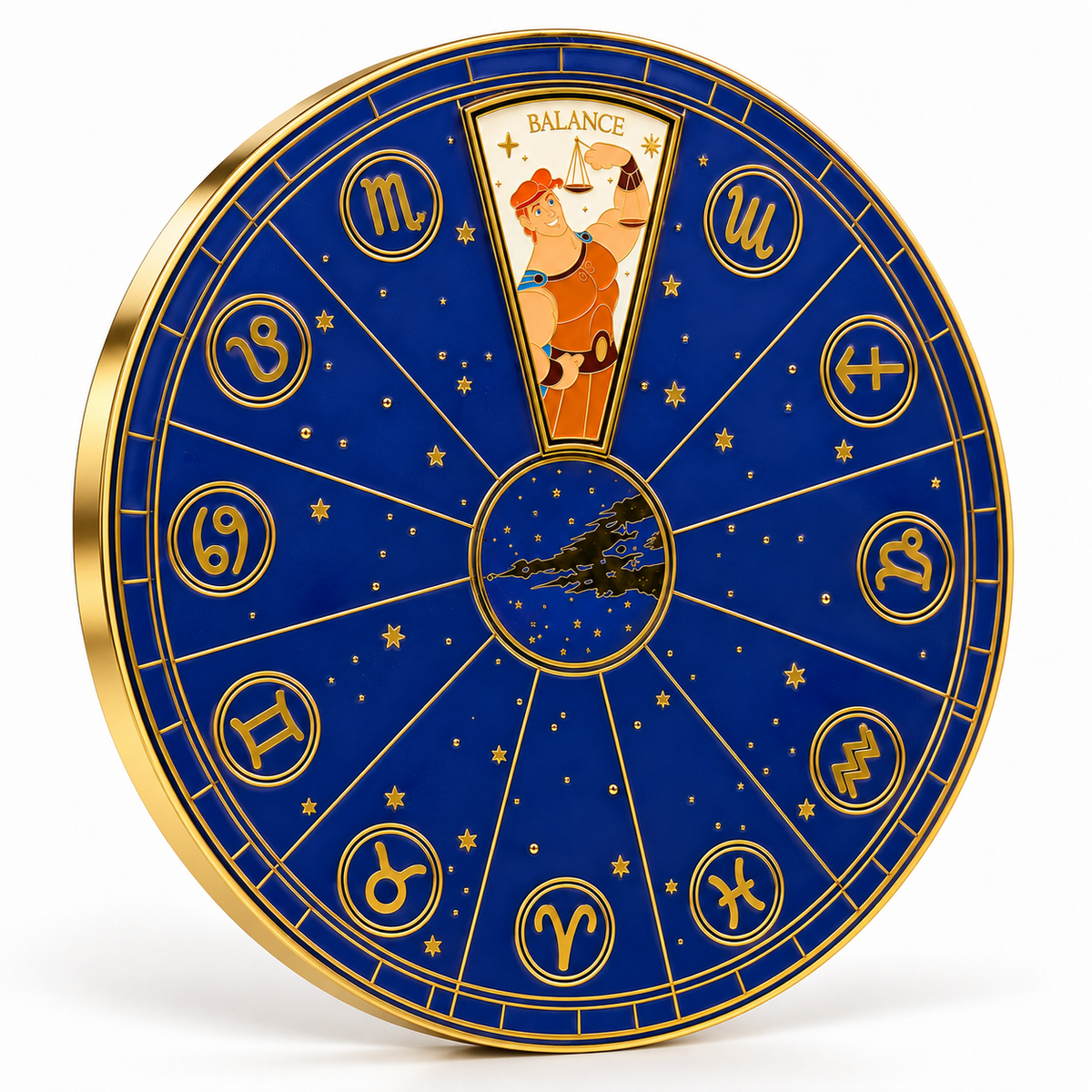 Vue en perspective du pin Hercule Balance et de sa roue astrologique – Disneyland Paris