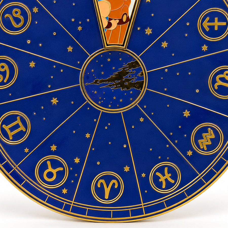 Détail de la roue zodiacale bleue et dorée du pin Hercule Balance – Disneyland Paris
