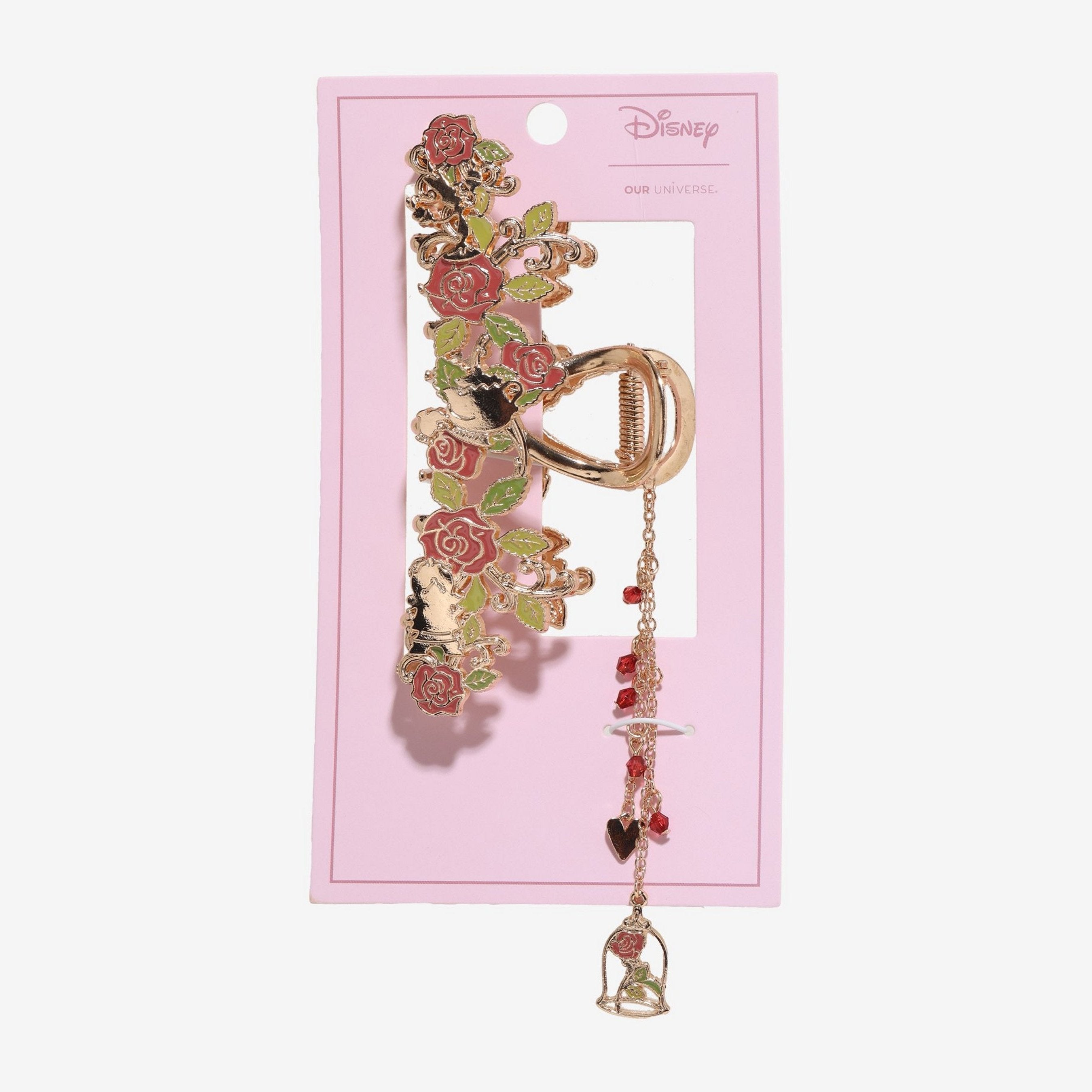 Pince crabe métallique La Belle et la Bête avec roses et charms – vue de face