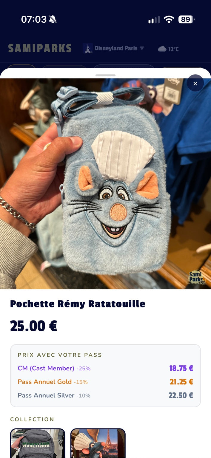 Pochette Rémy Ratatouille – Disneyland Paris – photo boutique avec prix 25 euros