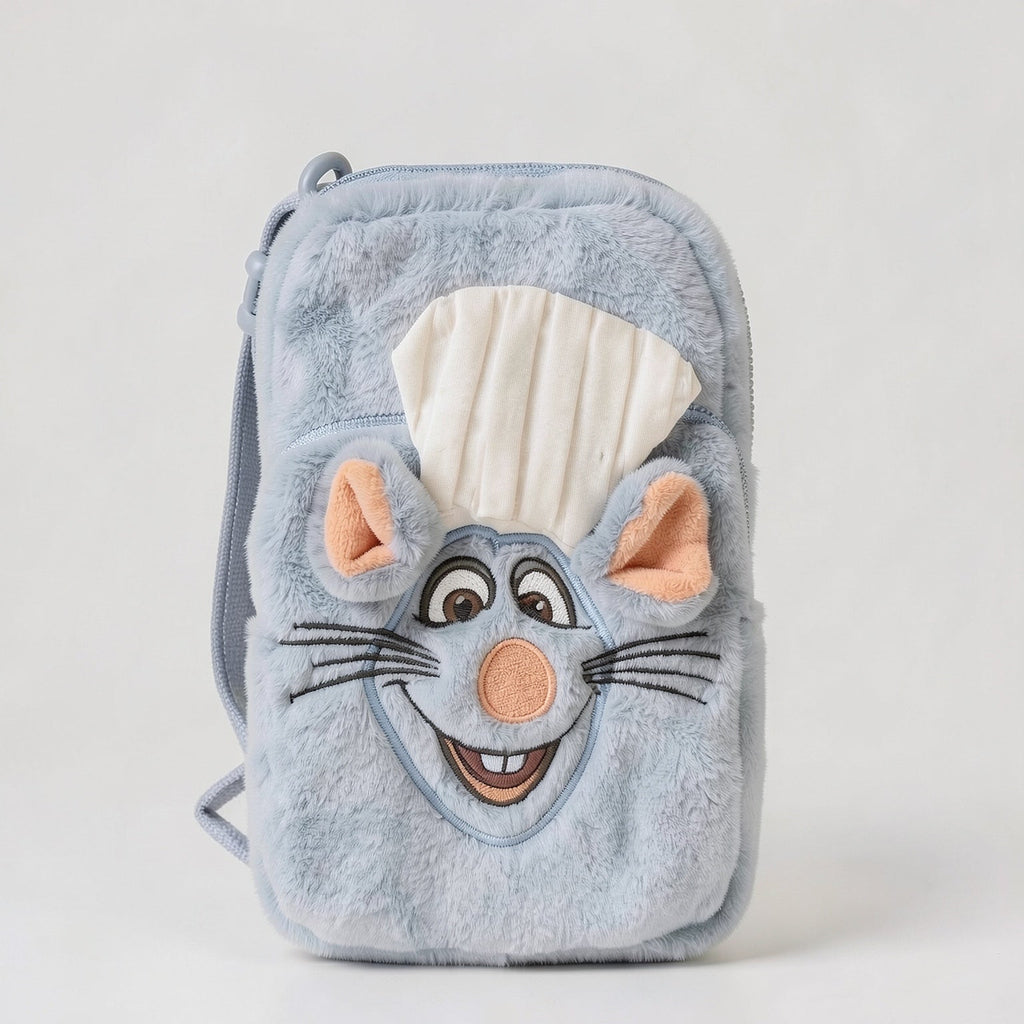 Pochette Rémy Ratatouille bleu gris en tissu pelucheux – Disneyland Paris – vue studio