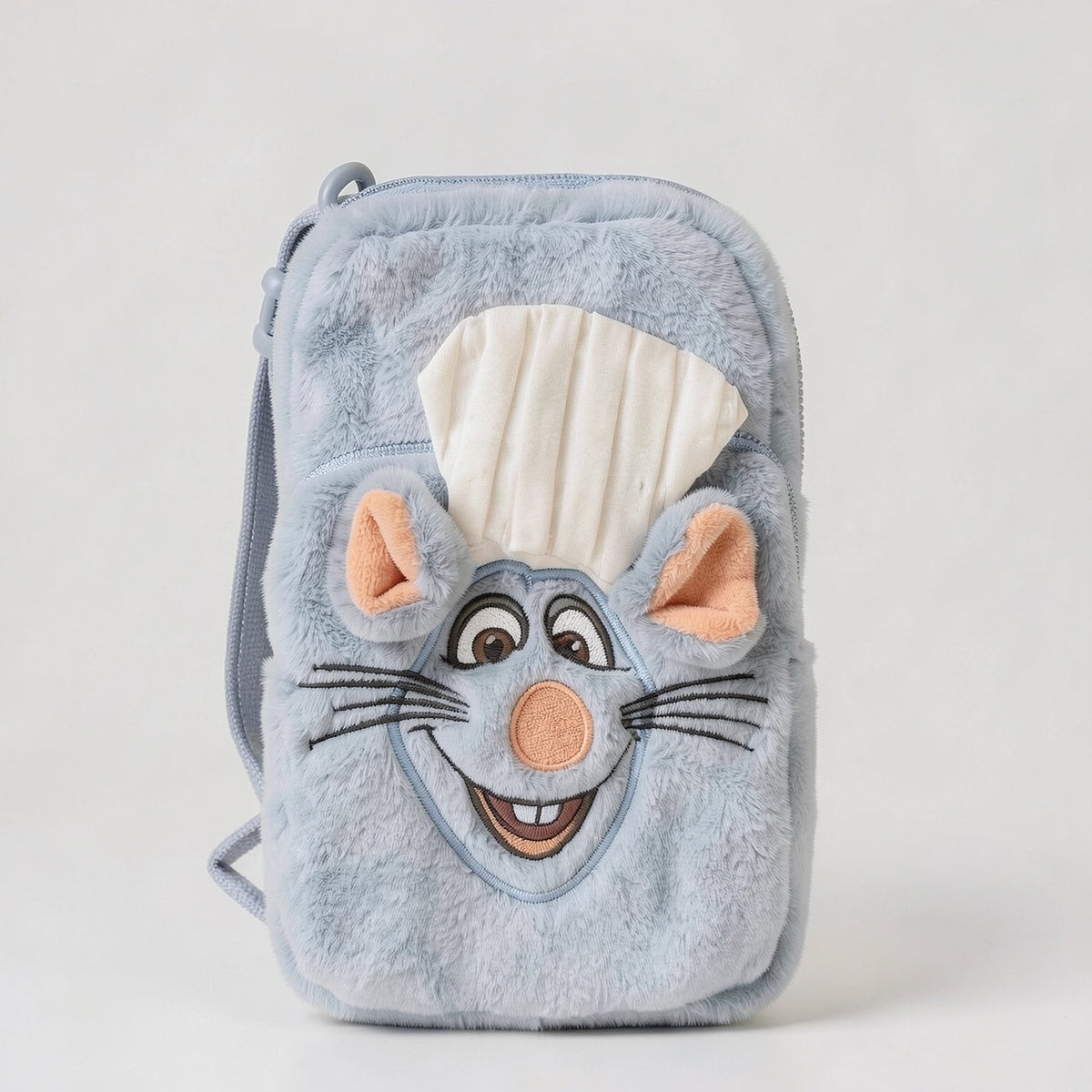 Pochette Rémy Ratatouille bleu gris en tissu pelucheux – Disneyland Paris – vue studio