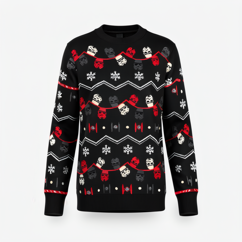 Pull de Noël Star Wars Merry Sithmas noir – vue de dos avec guirlandes de casques Stormtroopers, flocons et TIE fighters – photo studio