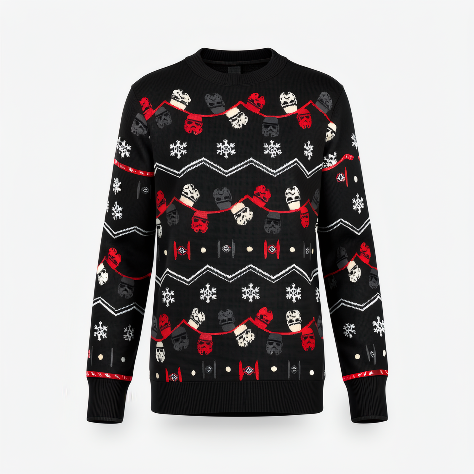 Pull de Noël Star Wars Merry Sithmas noir – vue de dos avec guirlandes de casques Stormtroopers, flocons et TIE fighters – photo studio