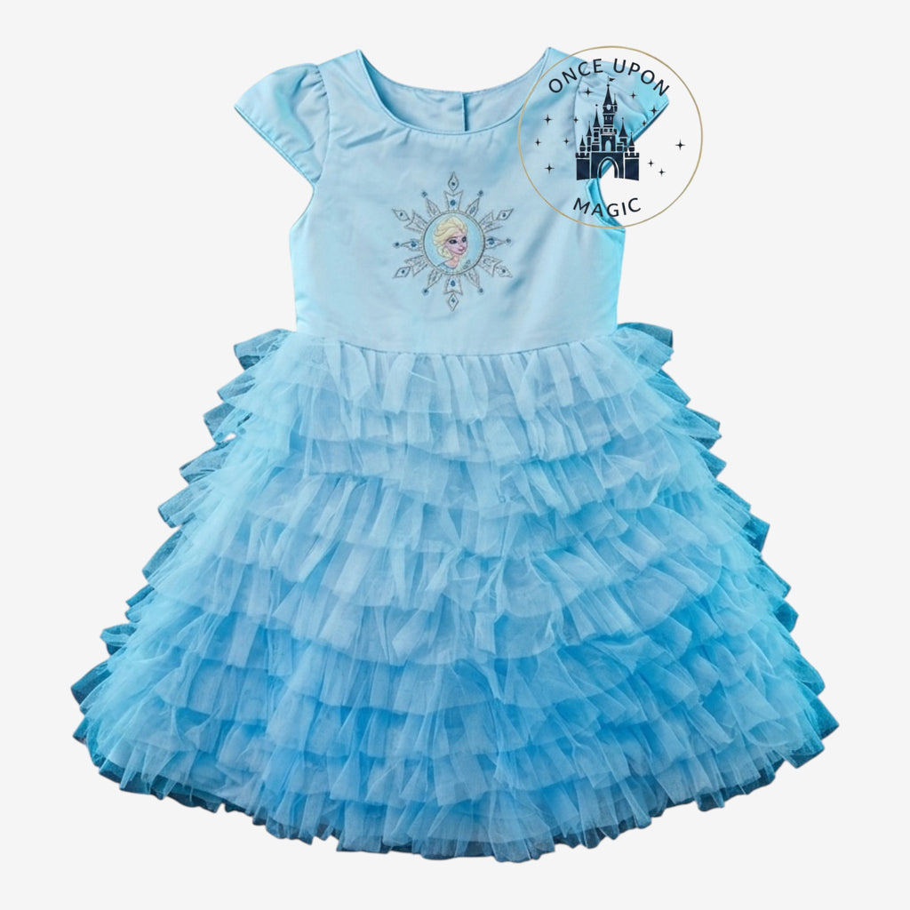 Robe enfant Elsa en tulle bleu avec volants et motif La Reine des Neiges