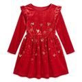 Rotes Micky-Kinderweihnachtskleid mit goldenen Motiven und Schultervolants, Vorderansicht
